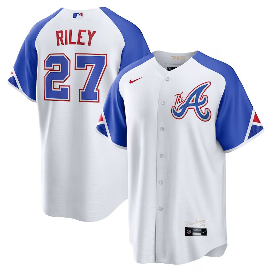 Men Atlanta Braves 27 Austin Riley Nike White 2023 City Connect Replica Player MLB Jersey